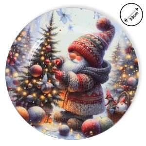 Műanyag kerek tálca Karácsonyfát díszítő manó 33cm