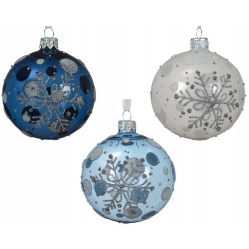 Üveg karácsonyfa gömbdísz 8 cm hópehely díszítéssel 1 db.