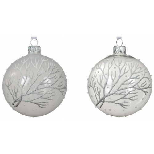 Üveg karácsonyfa gömbdísz 8cm csillogó ezüst ággal 1 db.
