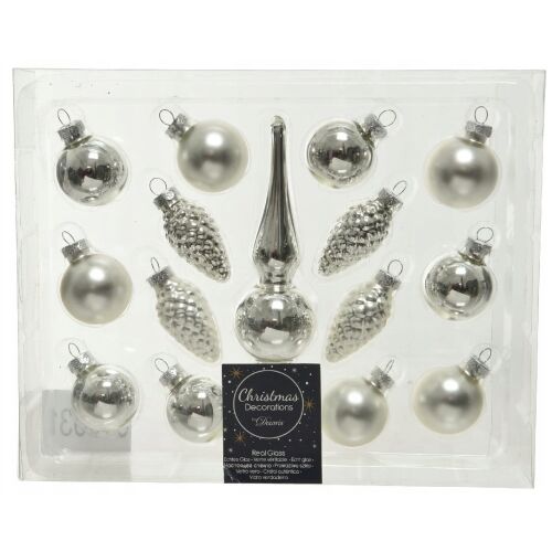 Ezüst karácsonyfadísz szett tüskével, 15 db, 3-13 cm 147058397