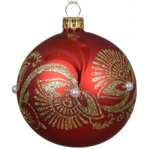 Üveg karácsonyfa gömbdísz 8cm piros és arany gyöngyökkel 147059978 - Karácsonyfadísz