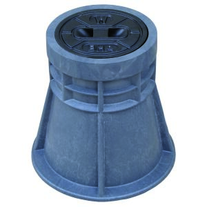 Műanyag utcai doboz W100, "W" (WATER) felirattal, a tolózárhoz, PEHD ház, kerek öntöttvas burkolat