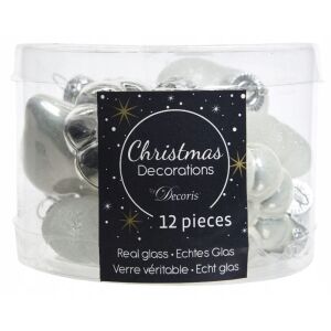Karácsonyi gömbdíszek, fehér és ezüst, 12 darabos készlet, 4,5 cm