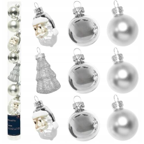 Ezüst karácsonyfadíszek csőben, 9 db-os készlet, 6 cm