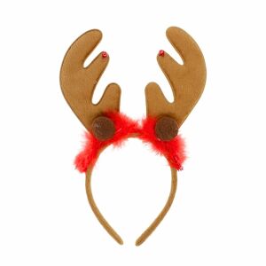 Weihnachtsstirnband, Rentier mit braunem Geweih und roten Federn, Weihnachten