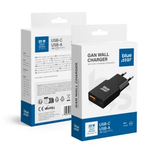 Blue Star Slim GaN fali telefontöltő 1x C típusú + 1x USB A QC4.0 PD 3A 25W TFK-SC-25WAC fekete 147119212 - Ladegeräte für Telefone