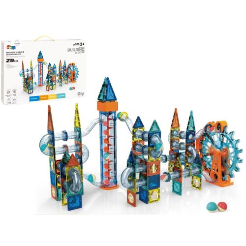 Nagy mágneses építőkocka készlet XXL 219 darabos Golyópálya elektromos lifttel 147136843