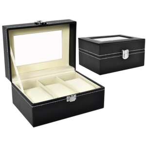 Black leather watch box with 3 compartments and a glass top - Watch Winder & Watch Box