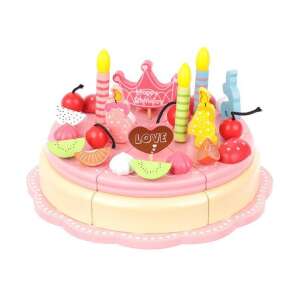 Wooden pretend play birthday cake with candles, fruit, and a crown, for kids - Play food