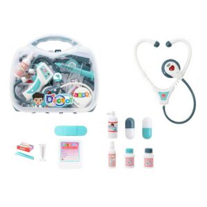 Kis orvos orvosi készlet bőröndben fények kéken szólnak