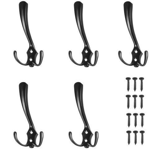 Set of 5 black wall mounted triple hooks with screws