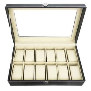 Black leather watch box with 12 compartments and a glass lid - Fashion & Clothing