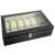 Black leather watch box with 12 compartments and a glass lid