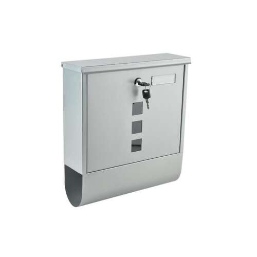 Silver mailbox with keyhole and nameplate, outdoor mailbox, letterbox