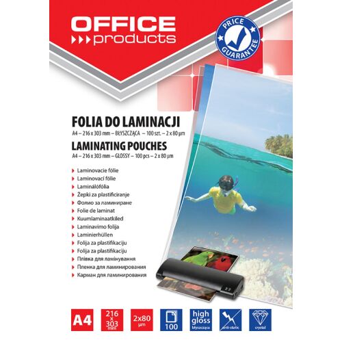 Folia do laminowania OFFICE PRODUCTS, A4, 2x80mikr., błyszcząca, 100szt., transparentna 20325415-90 147178095