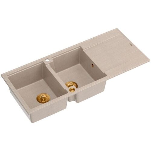 EVAN 121 GraniteQ mosogató Push To Open szifonnal 2 rekeszes (1160x500x210; rekesz 420x340) pearl beige / réz elemekkel 147212794