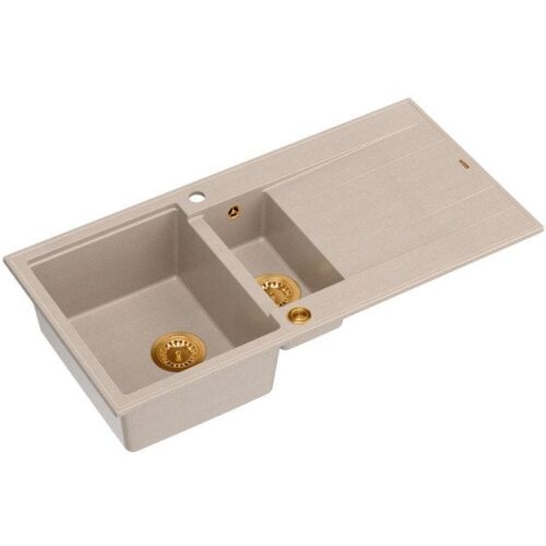 EVAN 156 GraniteQ mosogató Push To Open lefolyóval 1,5 rekeszes b/o (1000x500x210; rekesz 420x480) gyöngyház bézs / réz elemek