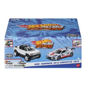 Hot Wheels 2 darabos visszahúzható fém autó szett: Gmc Hummer EV és Corvette C8R 1:43