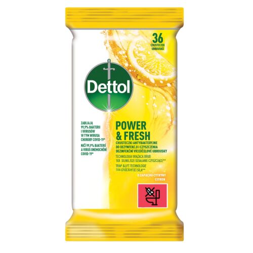 DETTOL antibakteriális és élesztőmentes törlőkendők felületek tisztítására és fertőtlenítésére, citrom ízű, 36 db. 147230702