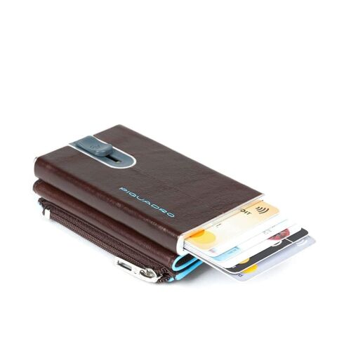 Piquadro, Blue Square, Leather Card Holder, Square Sliding System with Zipped Coin Pocket, PP4891B2R-MO, Mahogany, For Men