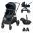 Maxi-Cosi Zelia³ stroller travel system, black frame, blue fabric, includes car seat, bassinet, and adapters