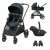 Maxi-Cosi Zelia³ stroller travel system, black frame, blue fabric, includes car seat, bassinet, and adapters
