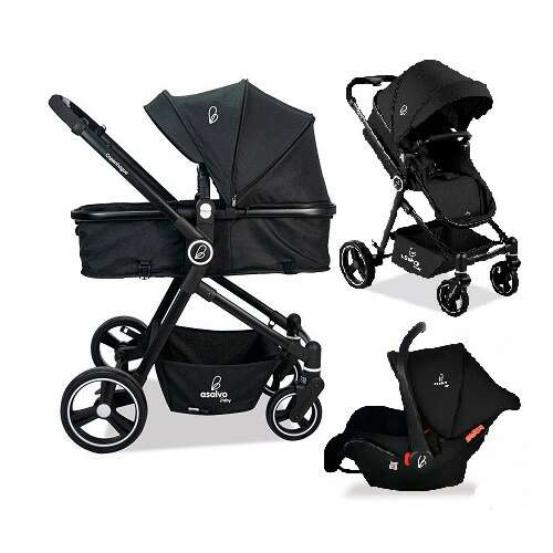 Kolica Asalvo Copenhague, crna, 3 u 1, uključuje košaru, sportsko sjedalo i autosjedalicu