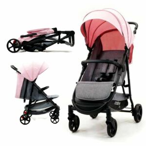 Asalvo Manchester sport stroller, grey and pink, multiple views: folded, upright, and reclined - Asalvo