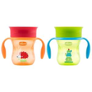 Chicco Perfect 360° Trinklernbecher, 200 ml, 2er Pack, orange und grün mit Tiermotiven - Trinkbecher, Becher
