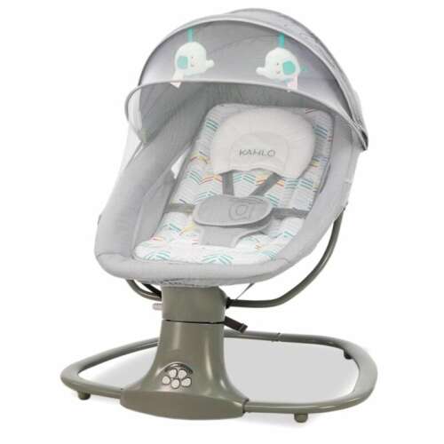 Elektryczna huśtawka dla niemowląt Kahlo z baldachimem i wiszącymi zabawkami, szara