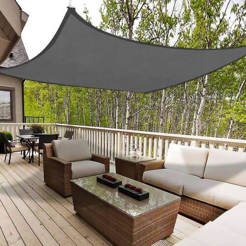 Malatec 3.6x3.6m square grey sun sail providing shade for patio furniture