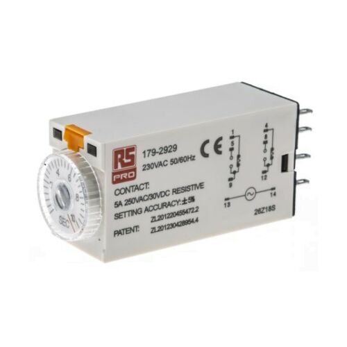 Időzítő relé késleltetett egyszerű funkció 0.5 -> 10s DPDT 2 érintkezős DPDT 230V ac 147251508