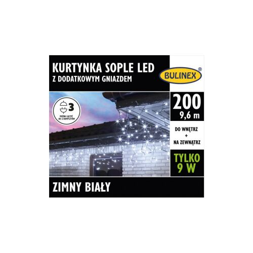 Kurtyna świetlna zewnętrzna 200l kurtyna sople z dod.gniazdem 10m dekoracji+5 m przewodu zasilającego 13-572 147252149