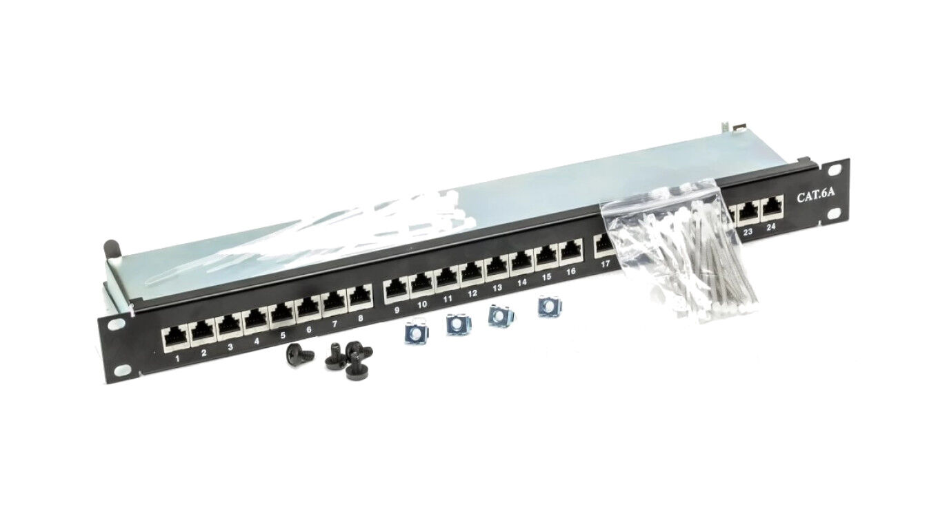 Patch panel RACK 19 kat.6A 24p FTP z półką 1U czarny