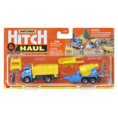 Matchbox Hitch & Haul Építkezési zóna szett Tilt N' Tip teherautóval és betonkeverő utánfutóval, 1:64 méretarány - Autó és jármű