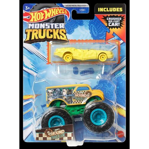 Hot Wheels Monster Trucks Hound Hauler összetört autóval, fém játékautó - Autó és jármű