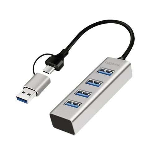 Logilink USB 3.0 hub 4 USB-A porttal és 2 az 1-ben USB-A/USB-C csatlakozókábellel, ezüst - USB elosztó