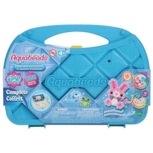Aquabeads Beginner Carry Case complete set with 900 beads, featuring a pink bunny, a green frog, a blue dolphin, and other designs