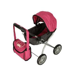 Składany wózek dla lalek z daszkiem, akcesoriami, szary-różowy