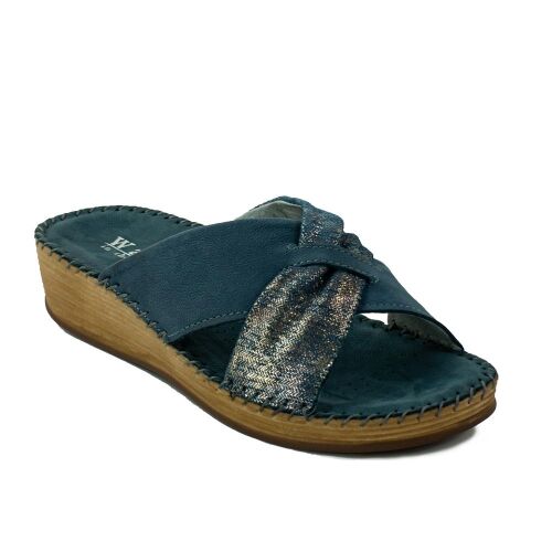Walk Női Comfort Divat Papucs, kék bőr felsőrész fémes díszítéssel - Női szandál