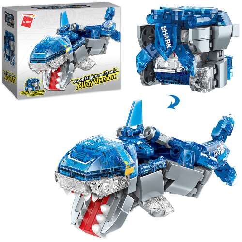 Stavebné bloky QMAN® Wave Fighter Shark Alloy Version, modrá a sivá, zostavené, 3D model, premeniteľný na kocku