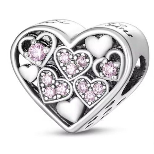 Ezüst My Heart Charm, Pandora kompatibilis, rózsaszín és fehér szívek 