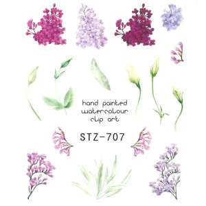 Kézzel festett akvarell képek lila virágokról és levelekről, STZ-707 - Körömmatrica