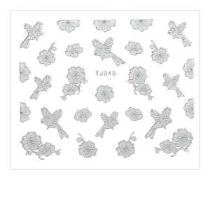 Ezüst körmös matricák virágokkal és madarakkal - Körömmatrica