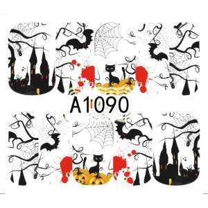 Halloween körmös matricák fekete macskákkal, tökökkel, pókhálókkal, denevérekkel és egy kísértetjárta házzal - Körömmatrica