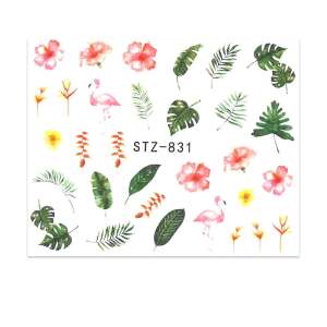 Trópusi körömmatricák flamingókkal, virágokkal és levelekkel. STZ-831 - Körömmatrica
