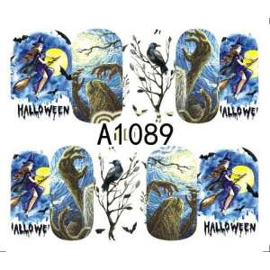 Halloween körmös matricák, boszorkány, holló, hold, denevérek, A1089 - Körömmatrica