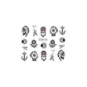 Matrica - BN-908 körömmatricák, 20 darabos szett, fekete-fehér, álomfogó, tollak, horgony, indián fej, szem - Körömmatrica