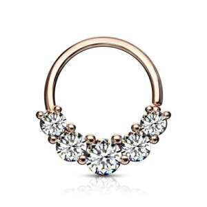 Rose gold színű kattintós karika 5 tiszta CZ kővel, 8 mm átmérőjű, septum, daith, helix, tragus, forward helix piercinghez - Karika piercing