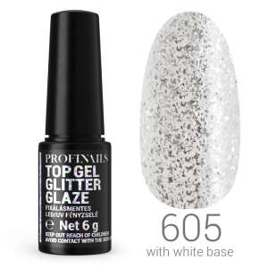 Profinails Top Gel Glitter Glaze No. 605 fehér alapon, 6g, LED/UV gél lakk, fixálásmentes fedőlakk - Műköröm alapozó & fedő zselé